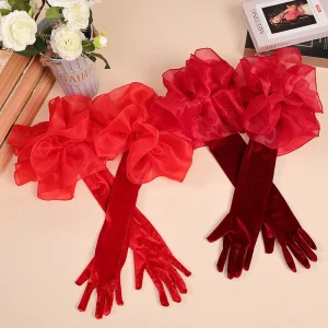 Gants longs élégants en velours noir, Double couche en forme de fleur à volants, manches de mariage, Studio, Banquet de mariage, accessoires Photo, couleur unie