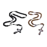 Perles de bois croix chapelet colliers croix catholique pendentif prière chrétienne bijoux religieux cadeau pour hommes femmes colliers