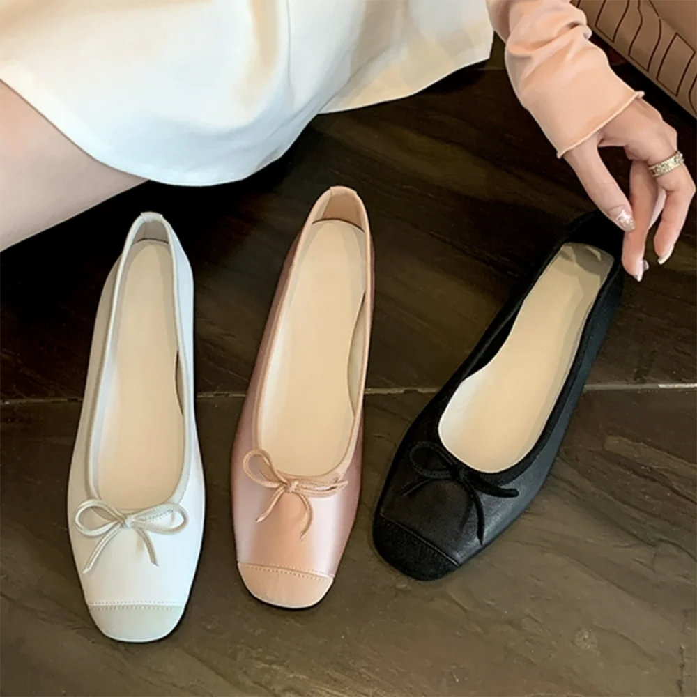 Ballerines en cuir véritable à la mode, bout rond, nœud papillon, belles chaussures pour femmes, chaussures plates de styliste de haute qualité, à enfiler