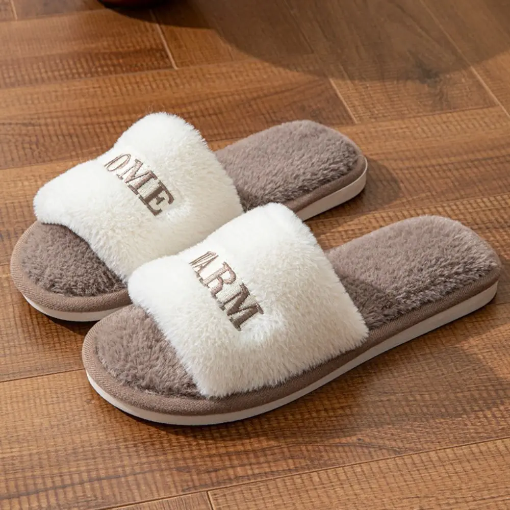 pantoufles moelleuses confortables, douces et décontractées, chaudes et antidérapantes pour femmes, chaussures plates à semelle épaisse avec lettres, chaussures d'extérieur en coton