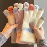 Femmes hiver mignon gants en laine écran tactile rembourré épaissi chaud cyclisme conduite cinq doigts hiver froid fille coton gants