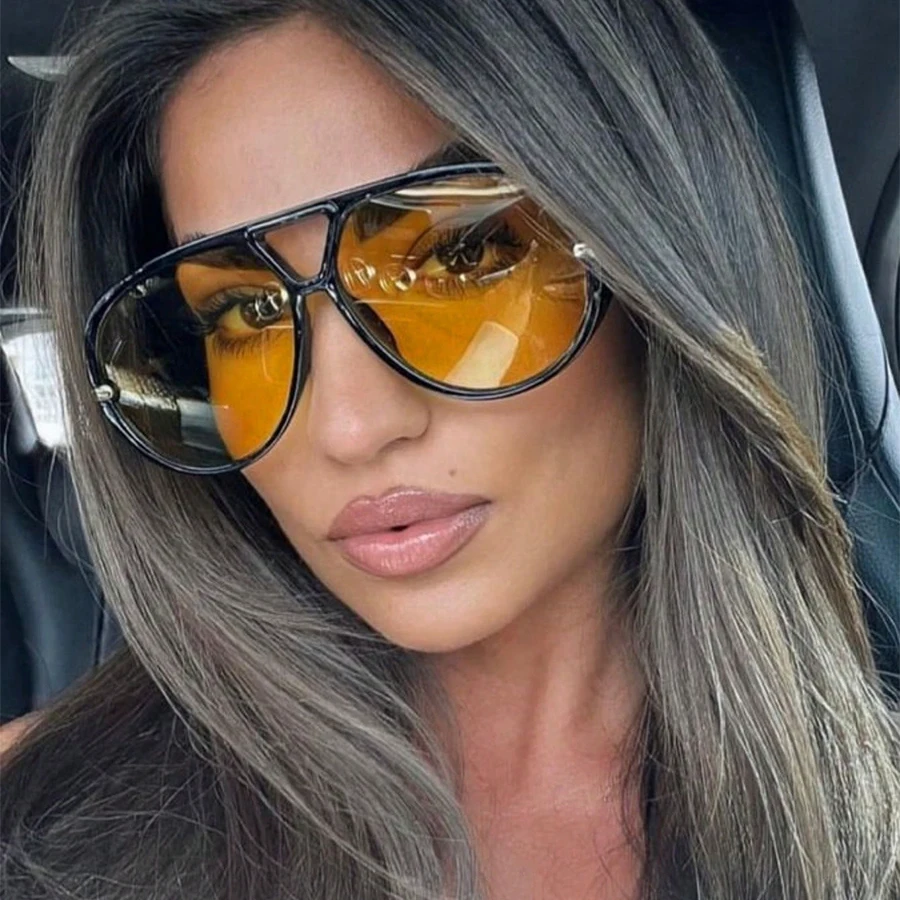 Lunettes de soleil rondes surdimensionnées pour femmes, verres jaunes de grande taille, lunettes de soleil de luxe de styliste, lunettes de Protection UV400