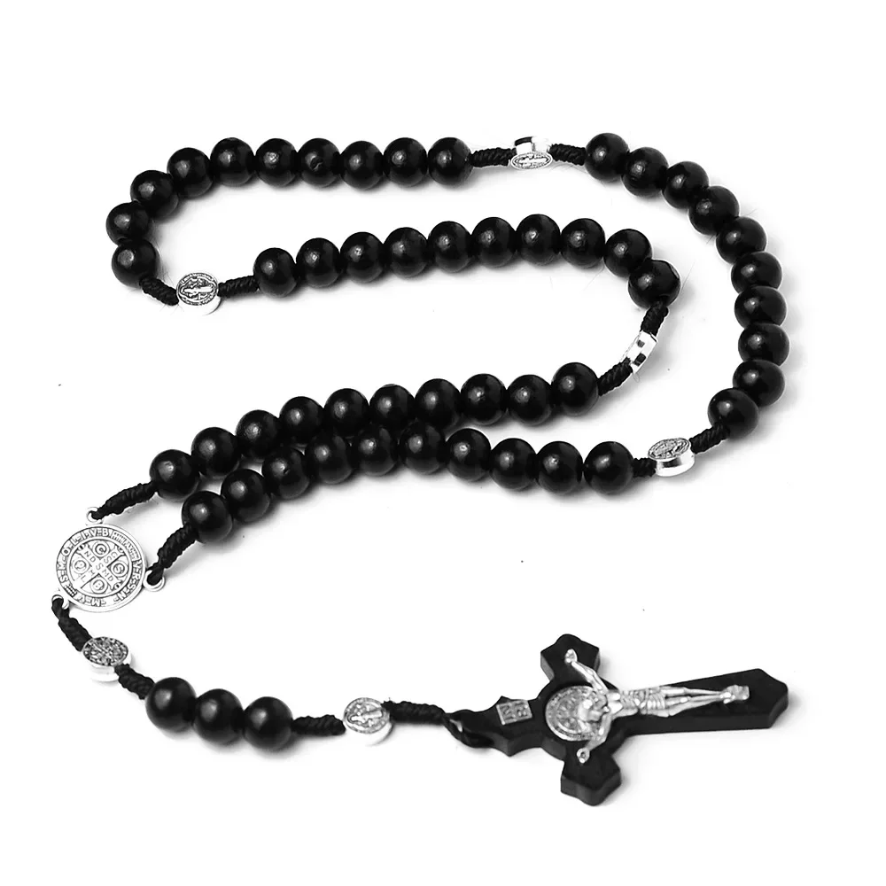 Colliers chapelet en perles de bois catholique pour femmes, pendentif croix Crucifix chrétien INRI, longue chaîne pour hommes, bijoux de prière religieux – Image 4