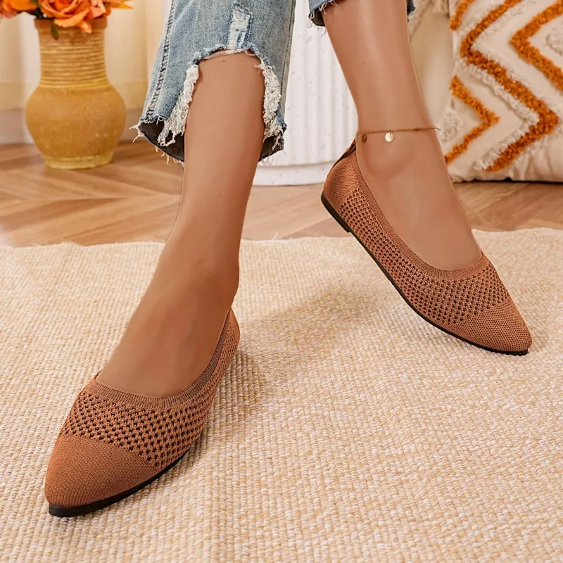 2025 Chaussures plates à bout pointu pour femmes - Chaussures de marche plates de ballet respirantes et décontractées tricotées monocolores élégantes, grande taille