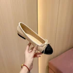 Chaussures simples décontractées à fond plat pour femmes, bout rond, bloc de couleur, ballerines en cuir Beige, Style Simple, nœud papillon