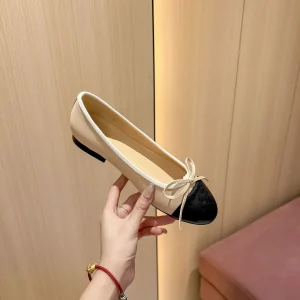 Chaussures simples décontractées à fond plat pour femmes, bout rond, bloc de couleur, ballerines en cuir Beige, Style Simple, nœud papillon