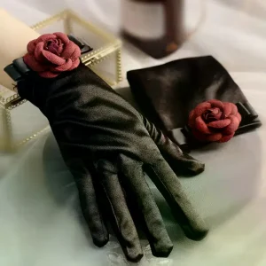 Gants en velours satiné noir avec caméllias, élastiques, doigt complet, gants de mariée élégants, courts, chauffe-mains, cadeau