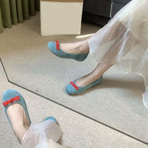 Chaussures plates de Ballet coréennes à bout rond, bouche peu profonde, Style français, chaussures plates à nœud papillon, souples et antidérapantes pour femmes et filles