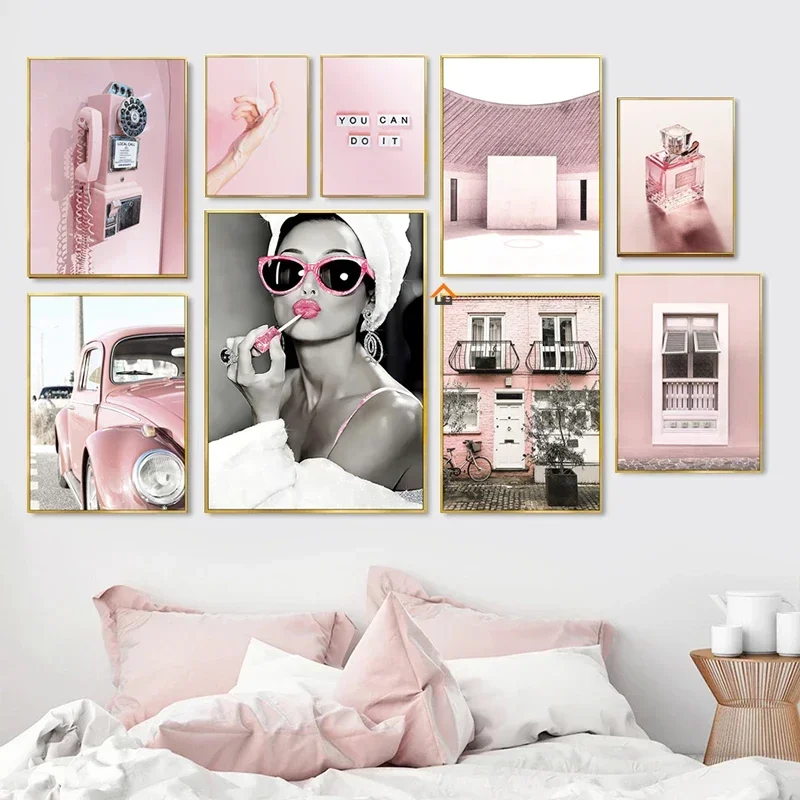 Affiche de téléphone de voiture Vintage rose pour femmes, parfum de luxe, peintures décoratives, toile, images d'art murales, salon, salle de bains, décembre