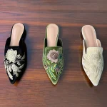 Velours broderie fleur Mules Femme chaussures élégantes pointu bout fermé pantoufles sans lacet chaussures plates diapositives Femmes Pantuflas Sandalias