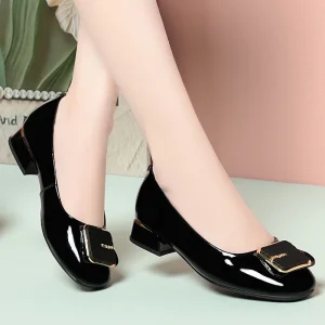 Chaussures en cuir brillantes pour femmes, élégantes, respirantes, confortables, plates, talons carrés, tendance, bureau, colonne vertébrale, printemps, 2.5, 2025, 03/3