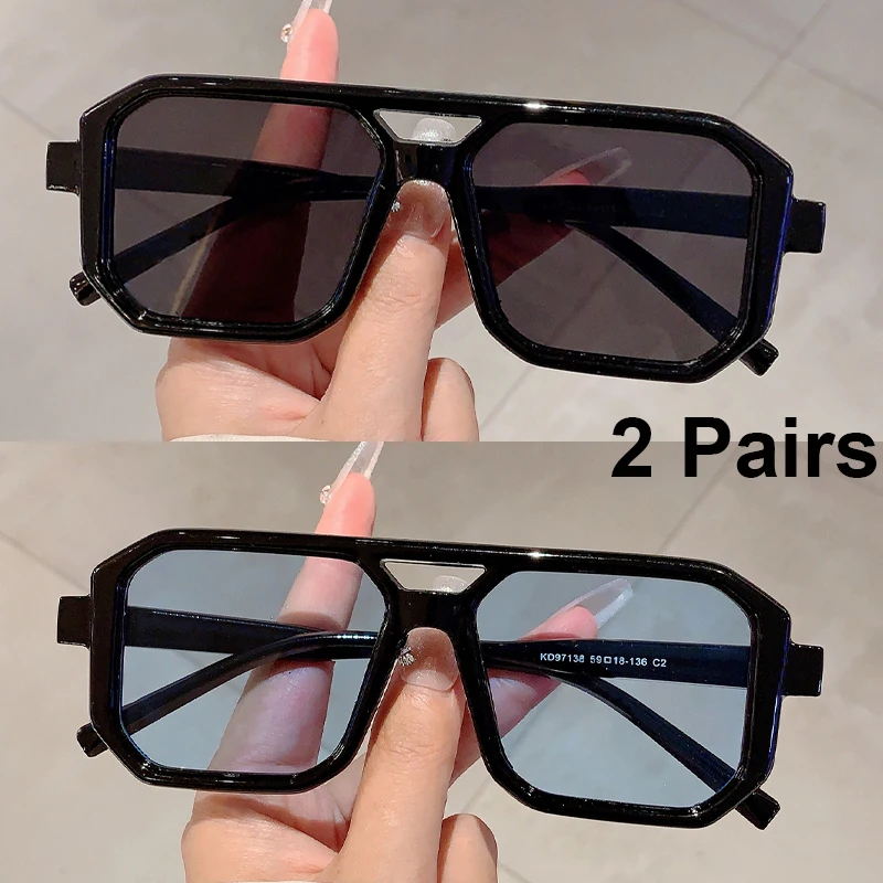 2 paires de lunettes de soleil carrées Vintage pour hommes et femmes, Chic rétro, Double pont dégradé, nuances d'extérieur décontractées, décor de vacances