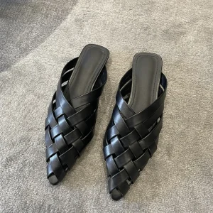 Chaussures plates femme bout pointu pantoufles en cuir véritable femmes diapositives d&rsquo;été Mules Sexy couverture basse doux concis scandales PU sabot He