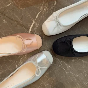 Ballerines en cuir véritable à la mode, bout rond, nœud papillon, belles chaussures pour femmes, chaussures plates de styliste de haute qualité, à enfiler Ballerines en cuir véritable à la mode, bout rond, nœud papillon, belles chaussures pour femmes, chaussures plates de styliste de haute qualité, à enfiler