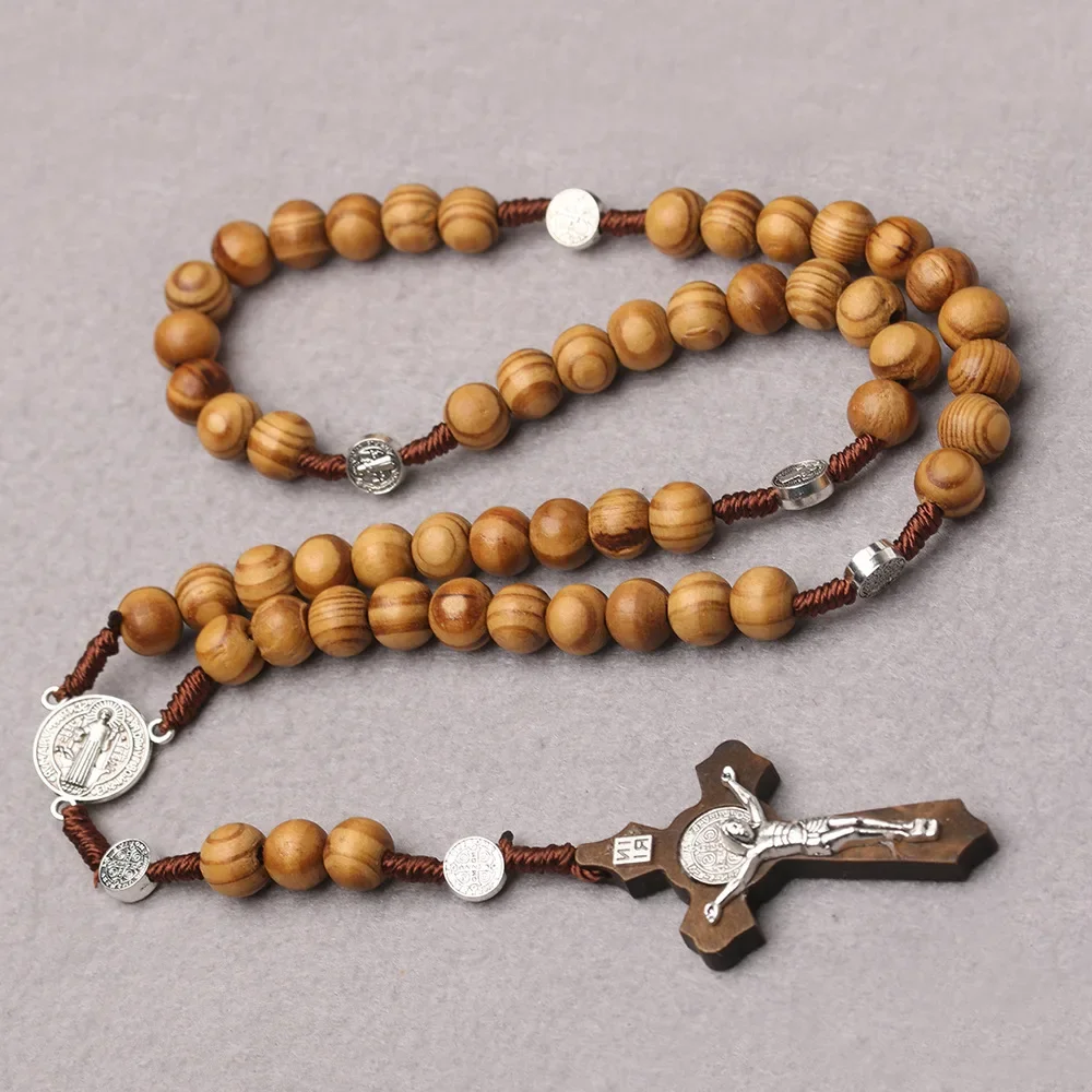 Colliers chapelet en perles de bois catholique pour femmes, pendentif croix Crucifix chrétien INRI, longue chaîne pour hommes, bijoux de prière religieux – Image 3