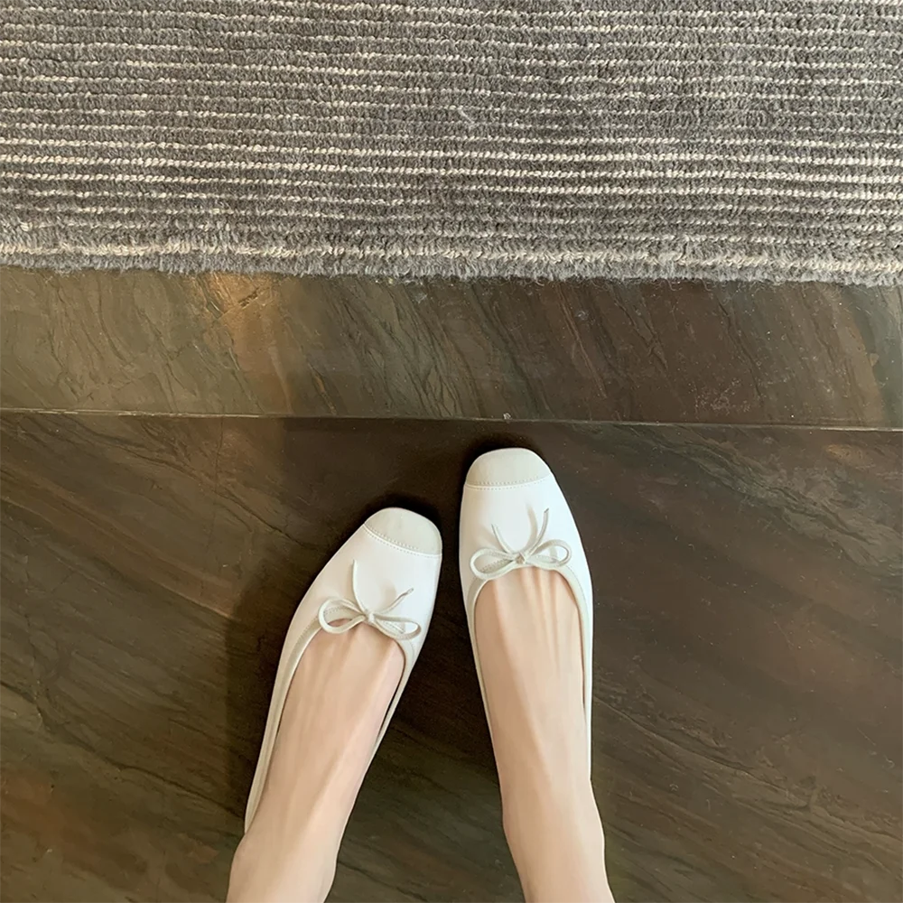 Ballerines en cuir véritable à la mode, bout rond, nœud papillon, belles chaussures pour femmes, chaussures plates de styliste de haute qualité, à enfiler
