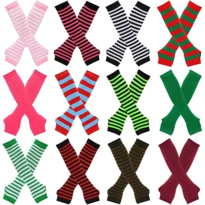 Gants longs tricotés sans doigts plus chauds, mitaines coudières, cadeau d&rsquo;accès de noël, gants Emo pour femmes, gants coudés rayés pour dames