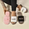 Pantoufles moelleuses confortables, douces et décontractées, chaudes et antidérapantes pour femmes, chaussures plates à semelle épaisse avec lettres, chaussures d&rsquo;extérieur en coton