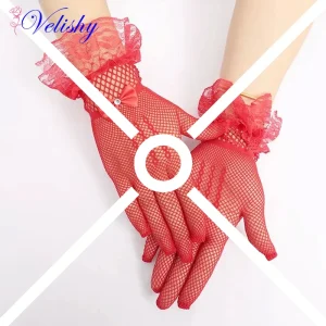 Gants courts en dentelle pour femmes, élégants, ajourés, résille transparente, noir et blanc, gants de fête de bal, mitaines de couleur unie à la mode