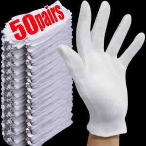 1/50 paires de gants de travail en coton blanc pour mains sèches, Film de manipulation, gants de SPA, gants de cérémonie à haute élasticité, outil de nettoyage ménager