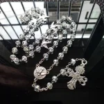 Collier de perles chapelet en cristal de prière, avec colombe à l&rsquo;esprit saint, pièce maîtresse et pendentif croix, médaille, bijoux de baptême d&rsquo;église catholique