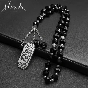 Pendentif de voiture islamique Coran Ayatul Kursi Sutra pour femmes et hommes, en acier inoxydable, 33 perles de prière musulmanes, chaîne en verre bleu du Ramadan, bijoux