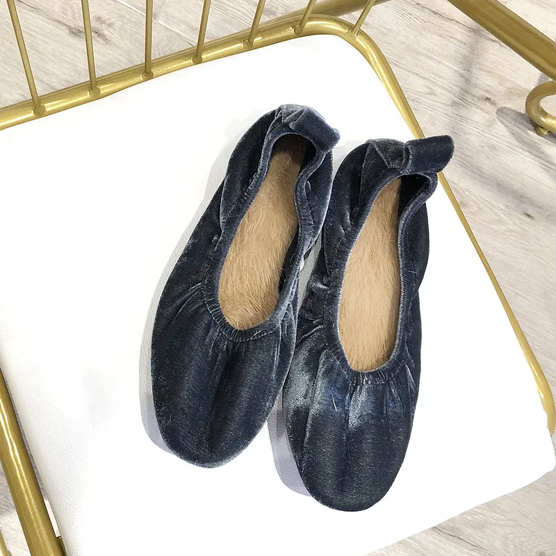 chaussures plates simples et confortables pour femmes, fourrure de lapin en cachemire, peau douce, chaussures de grand mère, nouveau style, automne et hiver
