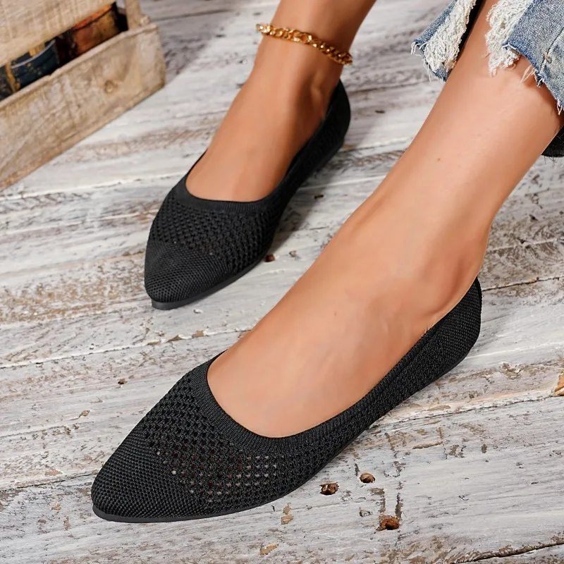 2025 Chaussures plates à bout pointu pour femmes - Chaussures de marche plates de ballet respirantes et décontractées tricotées monocolores élégantes, grande taille