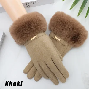 Gants pour écran tactile pour femmes, fausse fourrure de lapin Double couche douce pour une Protection ultime par temps froid, coupe-vent, résistant à l&rsquo;eau