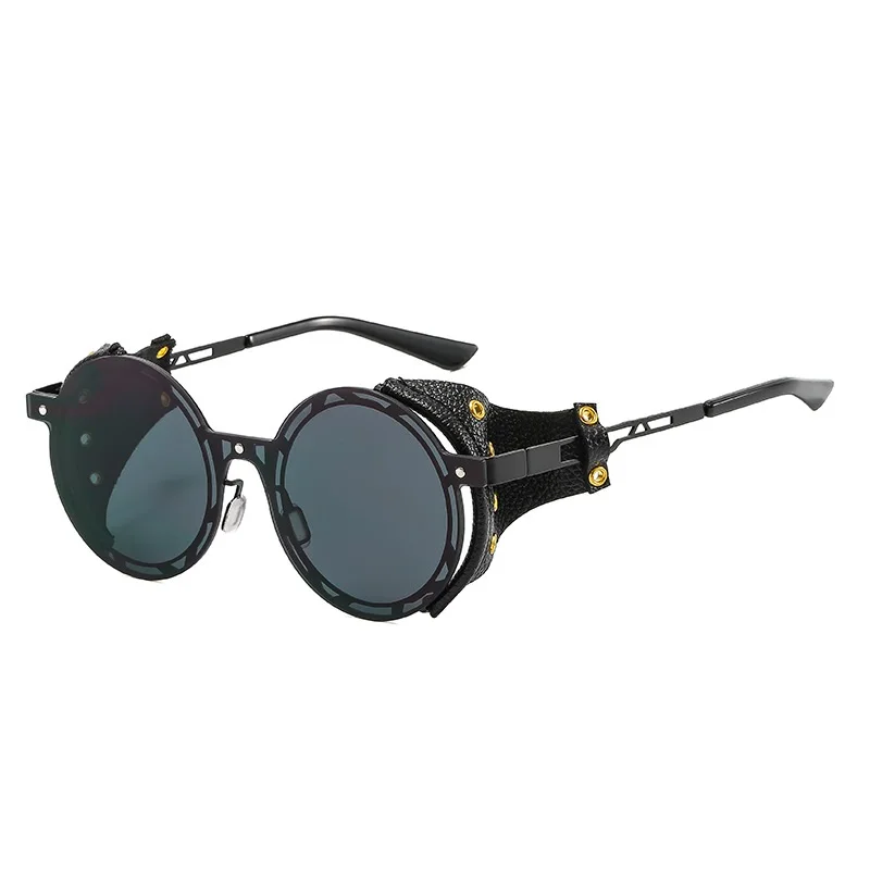 Lunettes de soleil Punk surdimensionnées pour hommes et femmes, nuances métalliques rondes en cuir Steampunk, Vintage de styliste Oculos UV400 Gafas
