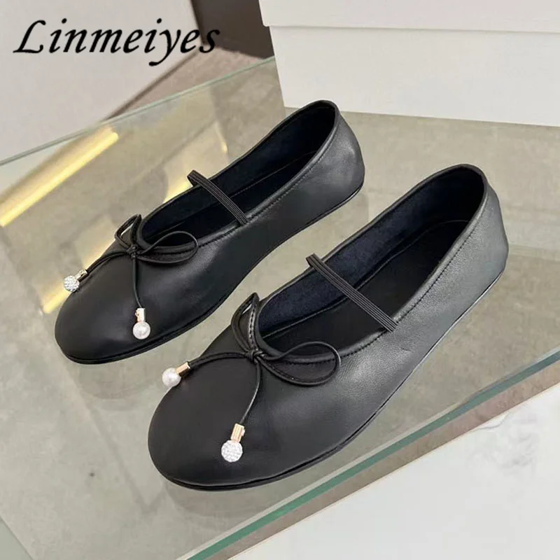 ballerines plates en cuir véritable pour femmes, mocassins ronds, nœud papillon, confort, loisirs, chaussures de marche, offres spéciales