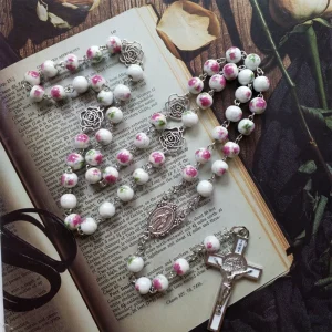 Chapelet Perles De Verre Collier Catholique avec Jésus Crucifix pour Croix, Cadeaux De Première Communion, Cadeaux De Confirmation pour Te