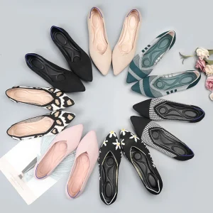 Chaussures en Polyester respirantes pour femmes, ballerines à bout pointu, mocassins tricotés extensibles, robe quotidienne, printemps Chaussures en Polyester respirantes pour femmes, ballerines à bout pointu, mocassins tricotés extensibles, robe quotidienne, printemps