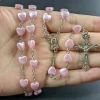 Collier chapelet chrétien en perles pour femme, croix INRI, pendentif Vierge Marie, coeur rose, religion féminine, prière, bijoux de fête