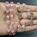 Collier chapelet chrétien en perles pour femme, croix INRI, pendentif Vierge Marie, coeur rose, religion féminine, prière, bijoux de fête