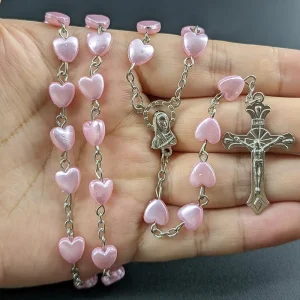 Collier chapelet chrétien en perles pour femme, croix INRI, pendentif Vierge Marie, coeur rose, religion féminine, prière, bijoux de fête