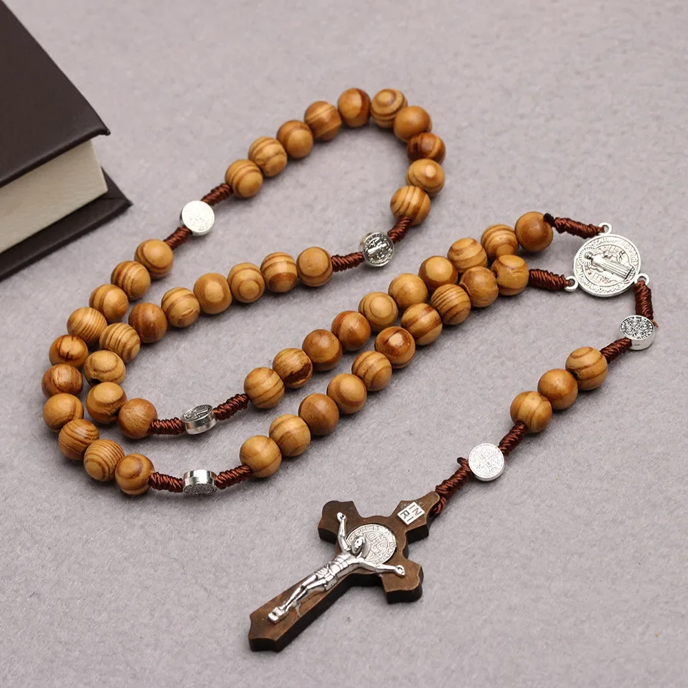 Colliers chapelet en perles de bois catholique pour femmes, pendentif croix Crucifix chrétien INRI, longue chaîne pour hommes, bijoux de prière religieux – Image 2