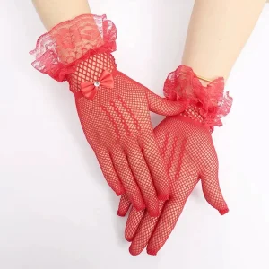 Gants courts en dentelle pour femmes, élégants, filet de poisson transparent, gants de fête de bal, à la mode, couleur unie, mitaines à doigts complets