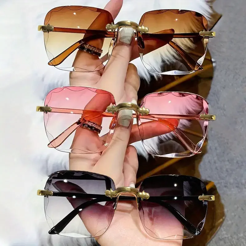 Lunettes de soleil carrées sans monture pour femmes et hommes, marque de luxe, styliste, été, rouge, mode, UV400, 3 pièces