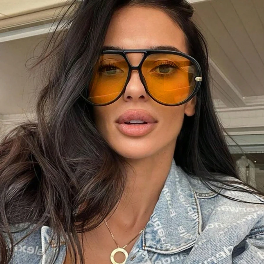 Lunettes de soleil rondes surdimensionnées pour femmes, verres jaunes de grande taille, lunettes de soleil de luxe de styliste, lunettes de Protection UV400