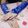 gants longs et artificiel astiques plissés en satin vert et bleu avec nministériels d papillon, pour patients de mariage, coude, sans doigts, pour soirée, bal de promo, pour fille