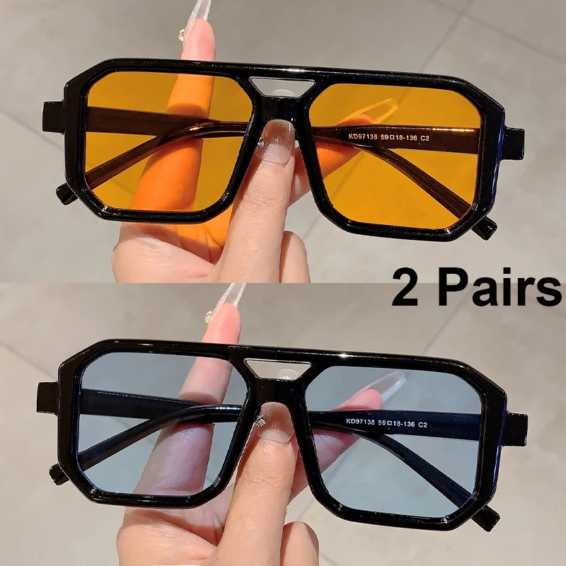 2 paires de lunettes de soleil carrées Vintage pour hommes et femmes, Chic rétro, Double pont dégradé, nuances d'extérieur décontractées, décor de vacances