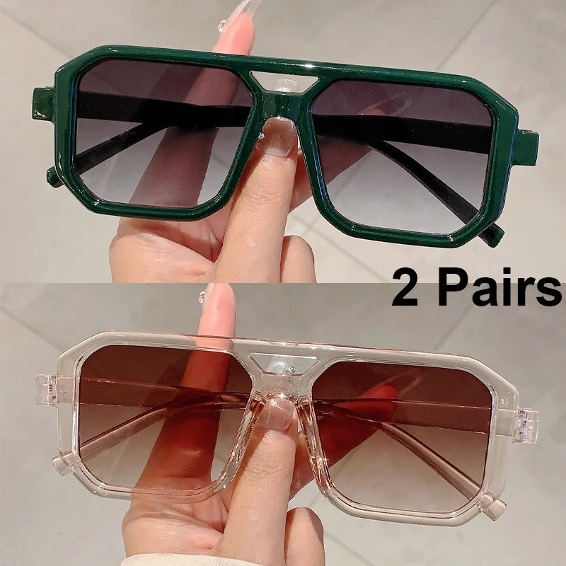 2 paires de lunettes de soleil carrées Vintage pour hommes et femmes, Chic rétro, Double pont dégradé, nuances d'extérieur décontractées, décor de vacances