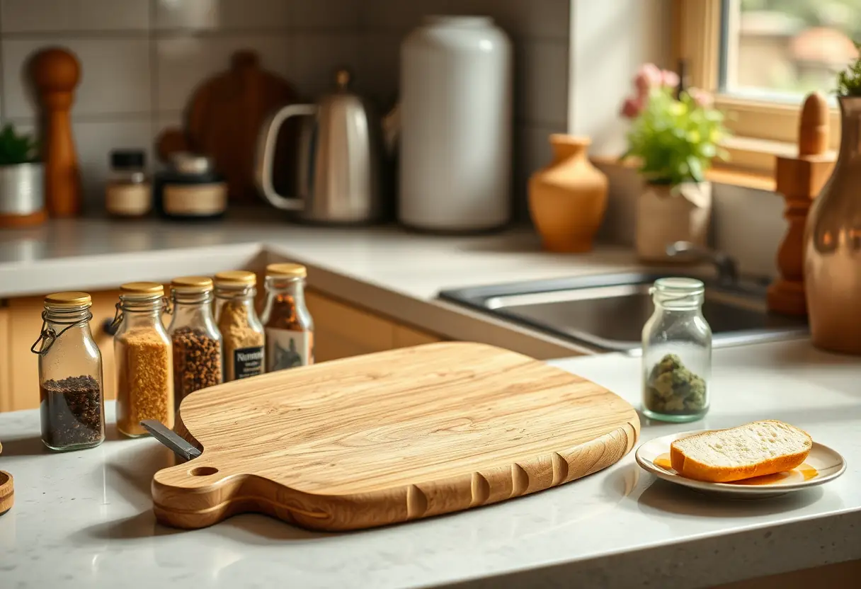 Sur un comptoir de cuisine, un planche à découper avec des bouteilles de condiments et une théière.