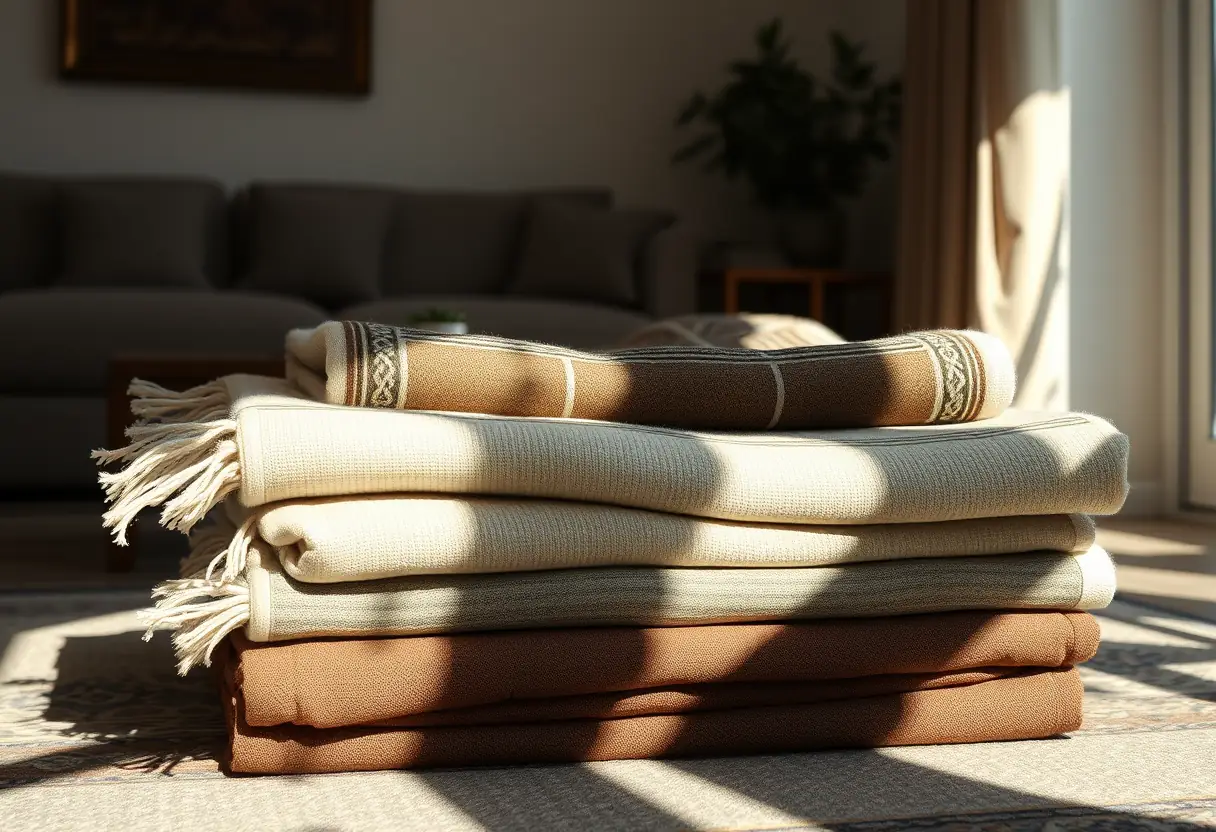 Un empilement de tapis de prière soigneusement pliés dans un salon, ombres créées par la lumière de l'après-midi