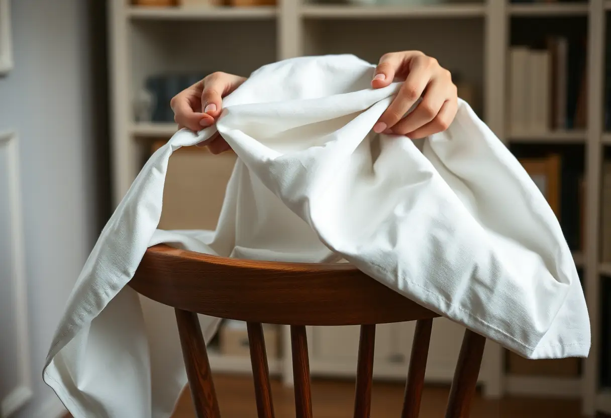 Des mains plient un tissu blanc dans une étude calme