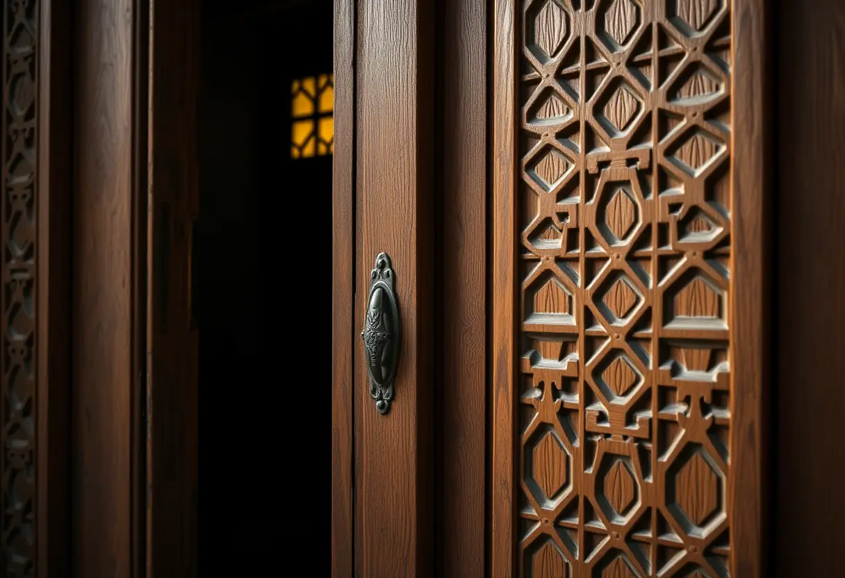 Une porte en bois ornée de motifs géométriques dans une entrée sombre et accueillante.