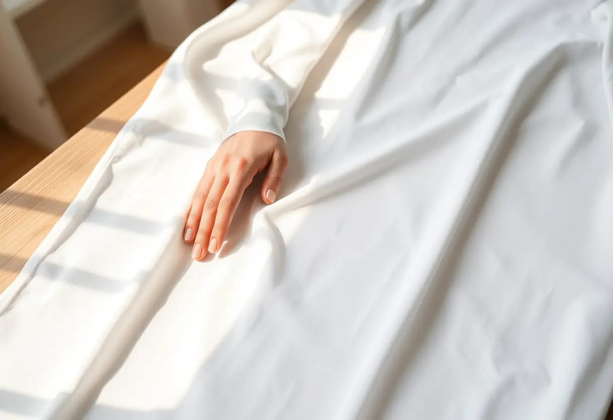 Une main lisant le tissu d'une abaya blanche dans la pénombre