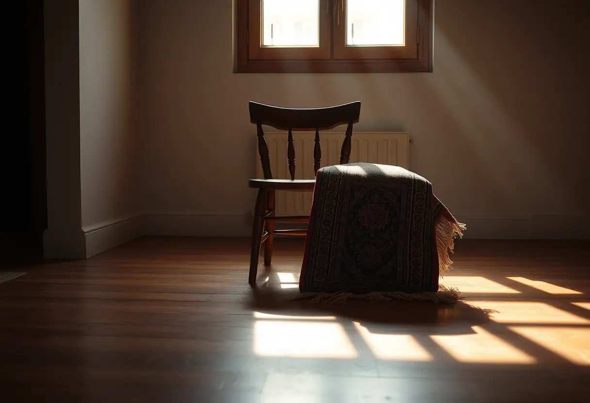 Un fauteuil en bois dans une pièce sombre, avec un tapis de prière plié près de lui, les ombres du matin s'étirent sur le sol.
