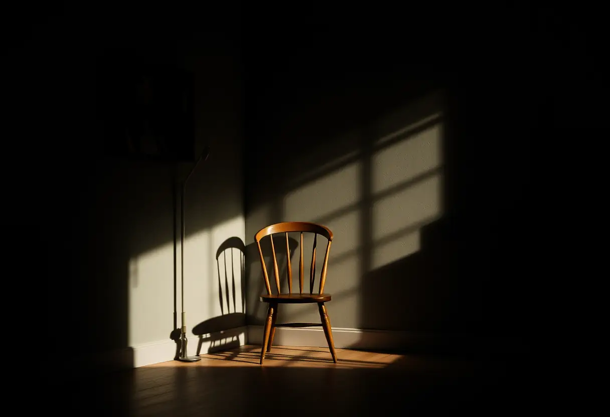 Un fauteuil vide dans un coin d'un bureau de maison, éclairé par une seule lampe de bureau lançant de longues ombres sur le mur.